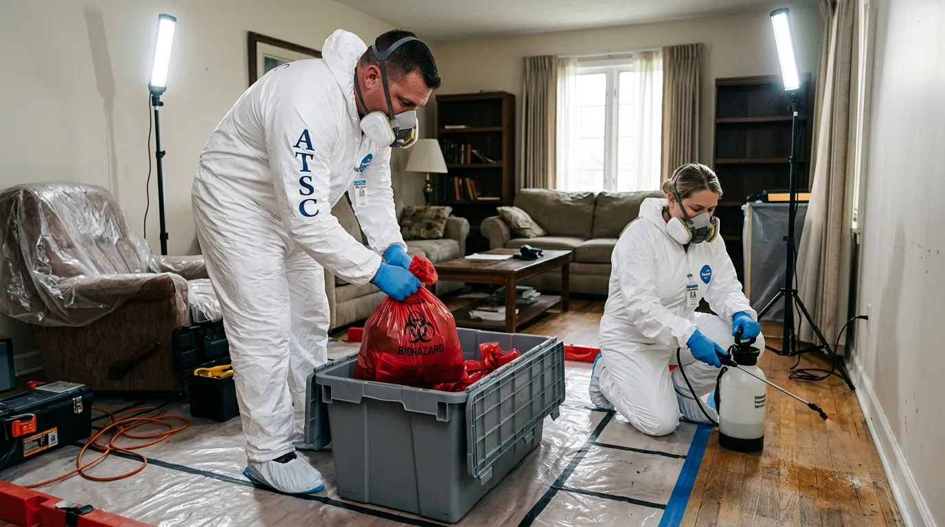 Professional Hoarding Cleanup technician in full PPE working in Belleville